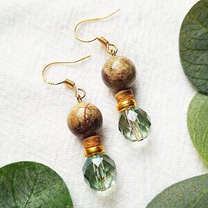 Jasper Gemstone & Glass Earrings, Boho Crystal Earrings, Cottagecore Garden